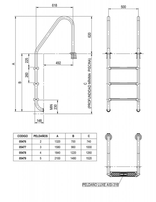 Ljestve STANDARD LUXE s 3 gazišta AISI-316